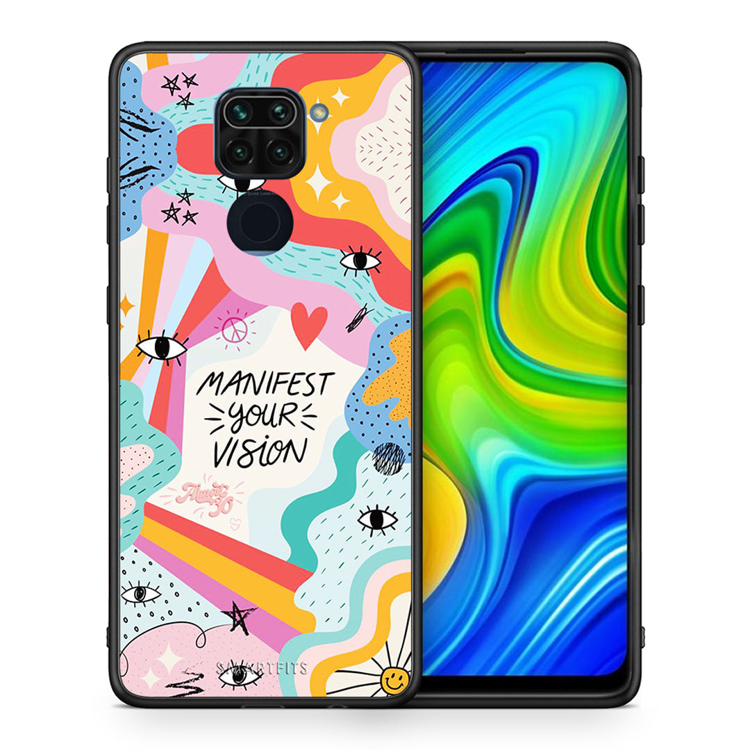 Θήκη Xiaomi Redmi Note 9 Manifest Your Vision από τη Smartfits με σχέδιο στο πίσω μέρος και μαύρο περίβλημα | Xiaomi Redmi Note 9 Manifest Your Vision case with colorful back and black bezels