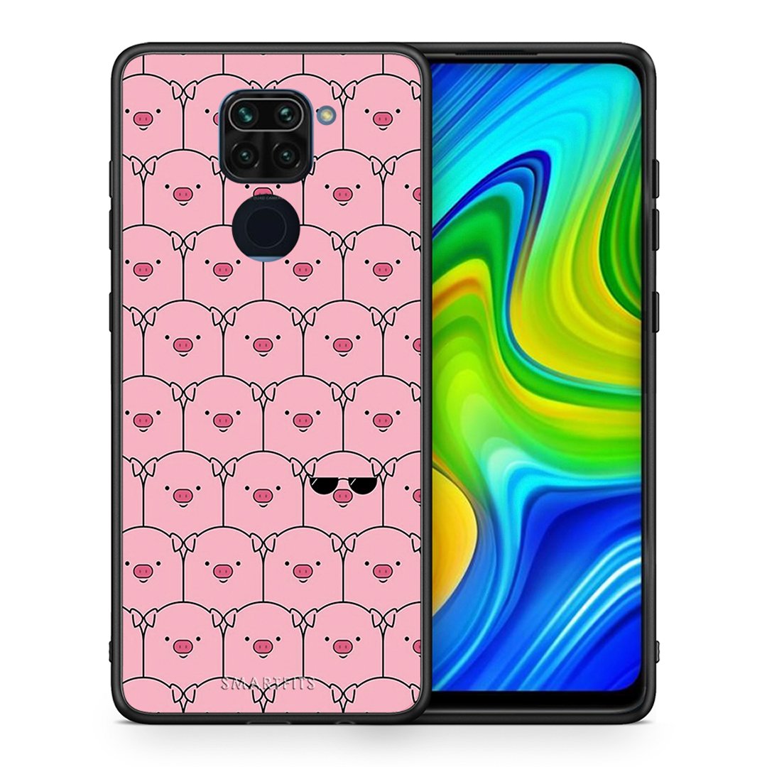 Θήκη Xiaomi Redmi Note 9 Pig Glasses από τη Smartfits με σχέδιο στο πίσω μέρος και μαύρο περίβλημα | Xiaomi Redmi Note 9 Pig Glasses case with colorful back and black bezels