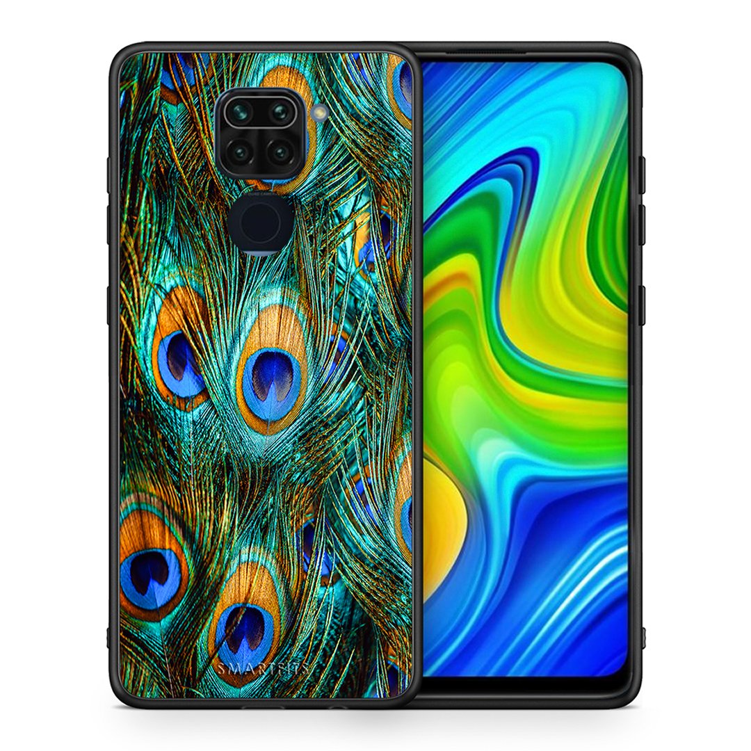 Θήκη Xiaomi Redmi Note 9 Real Peacock Feathers από τη Smartfits με σχέδιο στο πίσω μέρος και μαύρο περίβλημα | Xiaomi Redmi Note 9 Real Peacock Feathers case with colorful back and black bezels