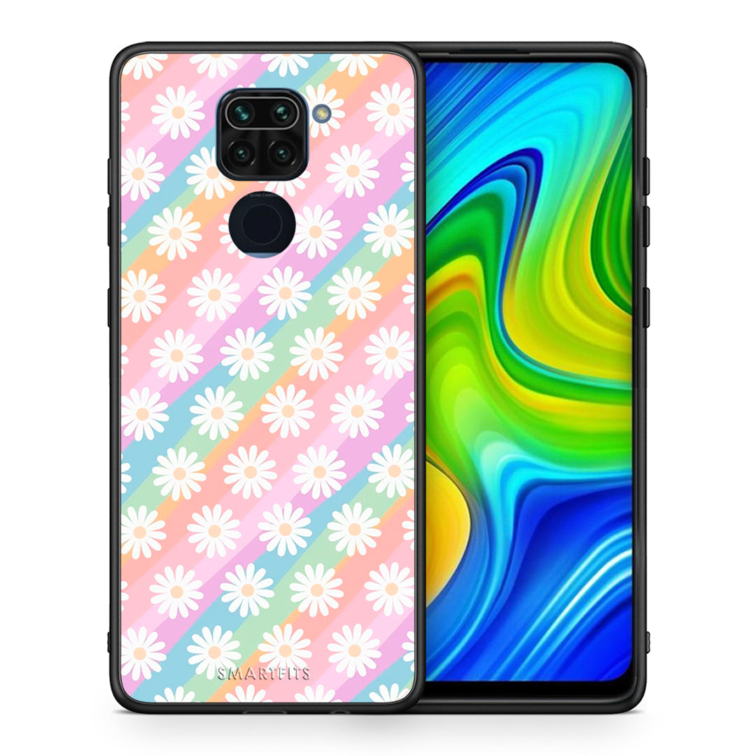 Θήκη Xiaomi Redmi Note 9 White Daisies από τη Smartfits με σχέδιο στο πίσω μέρος και μαύρο περίβλημα | Xiaomi Redmi Note 9 White Daisies case with colorful back and black bezels