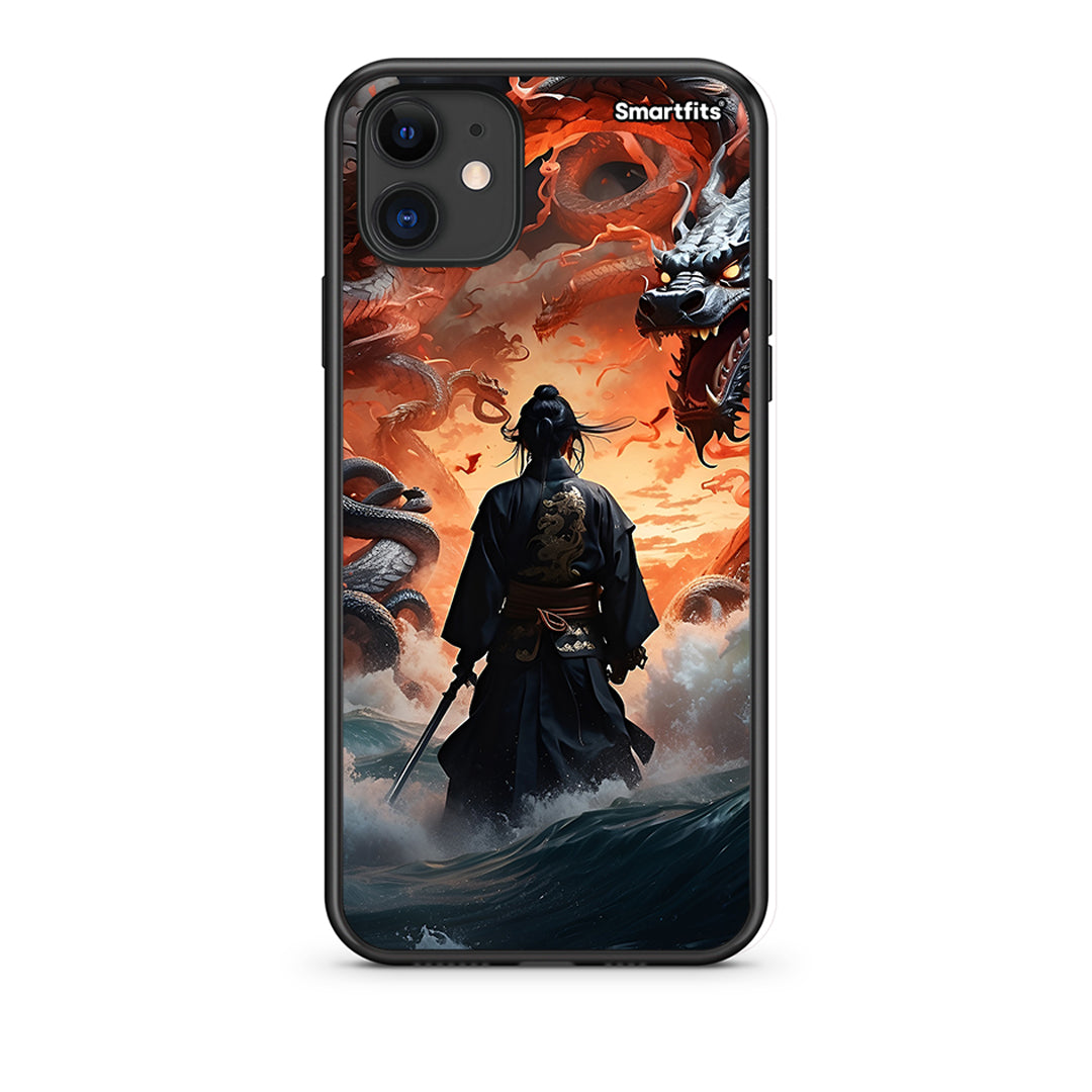 iPhone 11 Dragons Fight Θήκη από τη Smartfits με σχέδιο στο πίσω μέρος και μαύρο περίβλημα | Smartphone case with colorful back and black bezels by Smartfits