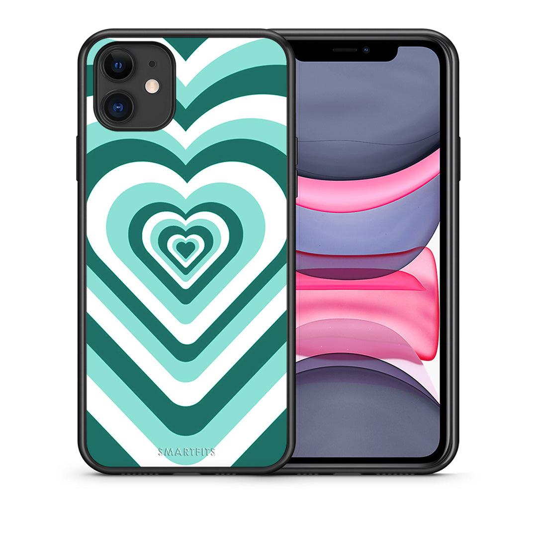 Θήκη iPhone 11 Green Hearts από τη Smartfits με σχέδιο στο πίσω μέρος και μαύρο περίβλημα | iPhone 11 Green Hearts case with colorful back and black bezels