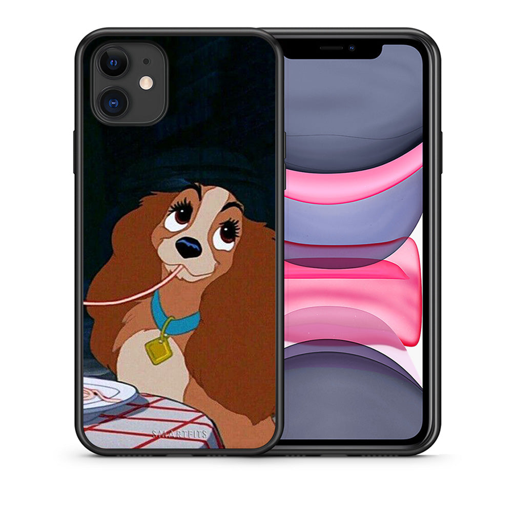 Θήκη Αγίου Βαλεντίνου iPhone 11 Lady And Tramp 2 από τη Smartfits με σχέδιο στο πίσω μέρος και μαύρο περίβλημα | iPhone 11 Lady And Tramp 2 case with colorful back and black bezels