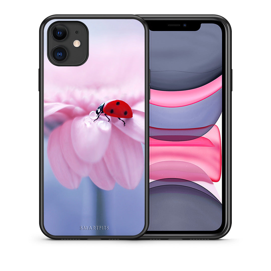 Θήκη iPhone 11 Ladybug Flower από τη Smartfits με σχέδιο στο πίσω μέρος και μαύρο περίβλημα | iPhone 11 Ladybug Flower case with colorful back and black bezels