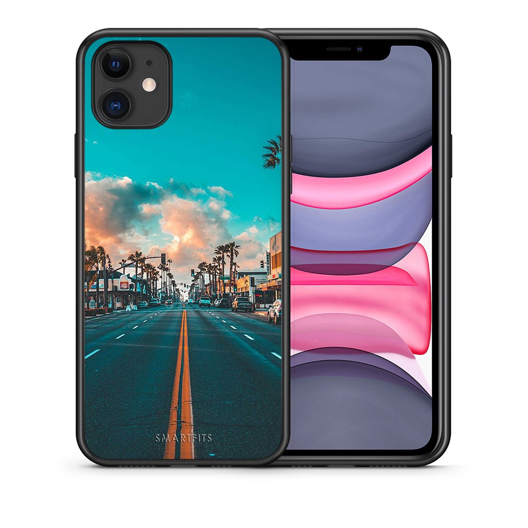 Θήκη iPhone 11 City Landscape από τη Smartfits με σχέδιο στο πίσω μέρος και μαύρο περίβλημα | iPhone 11 City Landscape case with colorful back and black bezels