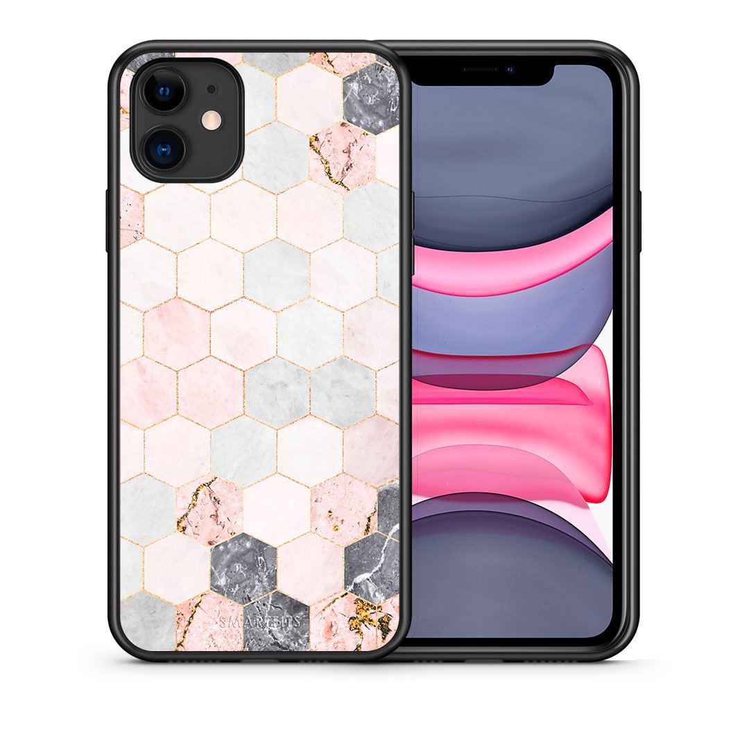 Θήκη iPhone 11 Hexagon Pink Marble από τη Smartfits με σχέδιο στο πίσω μέρος και μαύρο περίβλημα | iPhone 11 Hexagon Pink Marble case with colorful back and black bezels