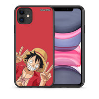 Thumbnail for Θήκη iPhone 11 Pirate Luffy από τη Smartfits με σχέδιο στο πίσω μέρος και μαύρο περίβλημα | iPhone 11 Pirate Luffy case with colorful back and black bezels