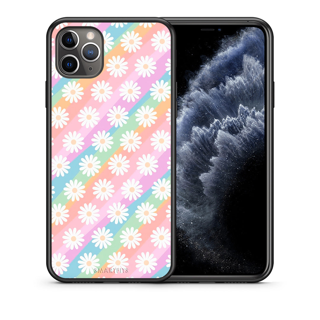 Θήκη iPhone 11 Pro White Daisies από τη Smartfits με σχέδιο στο πίσω μέρος και μαύρο περίβλημα | iPhone 11 Pro White Daisies case with colorful back and black bezels