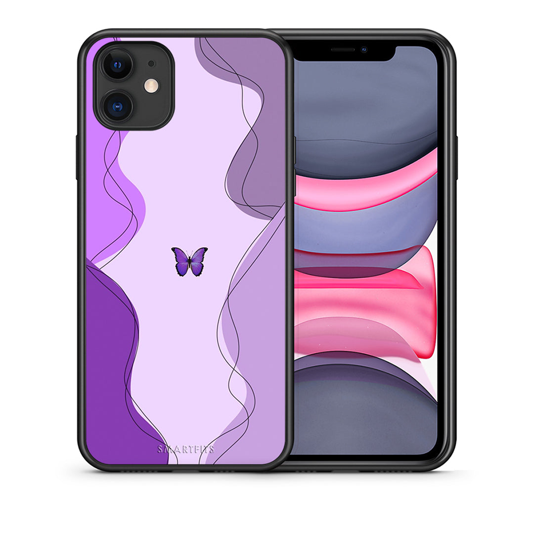 Θήκη Αγίου Βαλεντίνου iPhone 11 Purple Mariposa από τη Smartfits με σχέδιο στο πίσω μέρος και μαύρο περίβλημα | iPhone 11 Purple Mariposa case with colorful back and black bezels