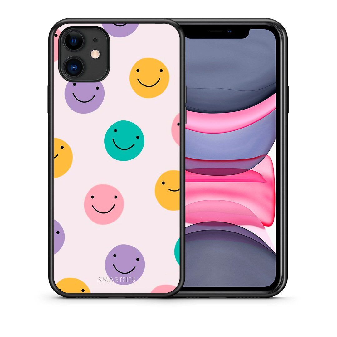 Θήκη iPhone 11 Smiley Faces από τη Smartfits με σχέδιο στο πίσω μέρος και μαύρο περίβλημα | iPhone 11 Smiley Faces case with colorful back and black bezels