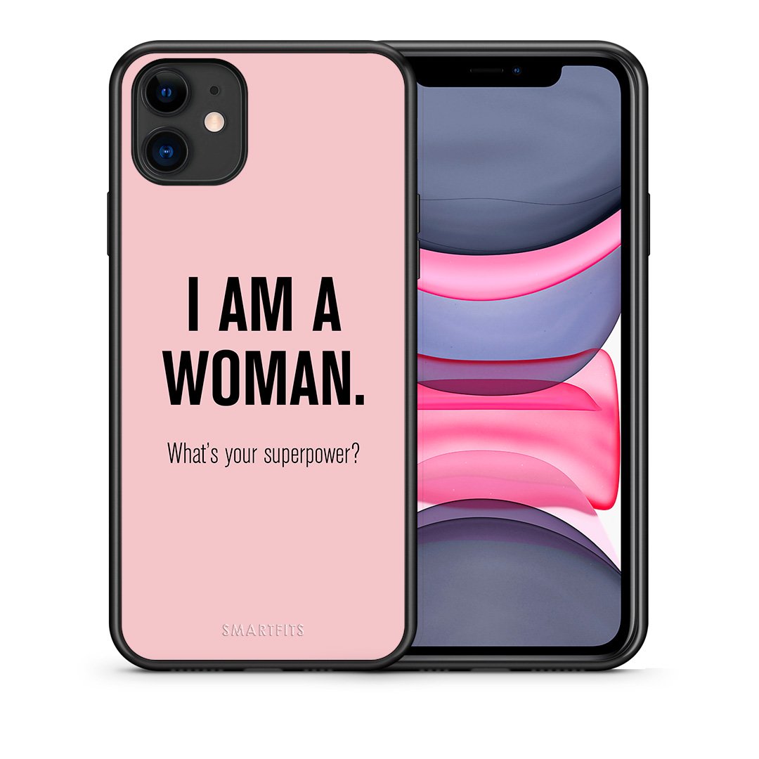 Θήκη iPhone 11 Superpower Woman από τη Smartfits με σχέδιο στο πίσω μέρος και μαύρο περίβλημα | iPhone 11 Superpower Woman case with colorful back and black bezels