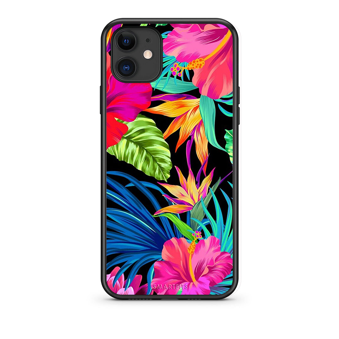 iPhone 11 Tropical Flowers θήκη από τη Smartfits με σχέδιο στο πίσω μέρος και μαύρο περίβλημα | Smartphone case with colorful back and black bezels by Smartfits