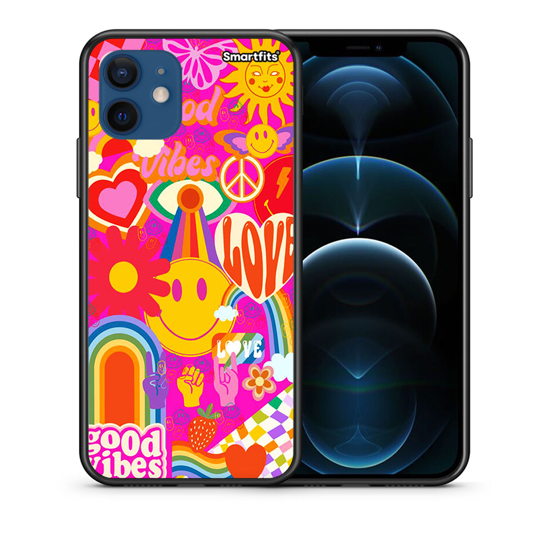Θήκη iPhone 12 Hippie Love από τη Smartfits με σχέδιο στο πίσω μέρος και μαύρο περίβλημα | iPhone 12 Hippie Love case with colorful back and black bezels