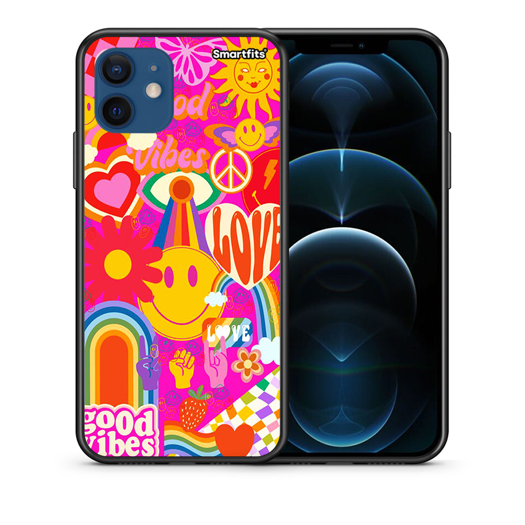 Θήκη iPhone 12 Pro Hippie Love από τη Smartfits με σχέδιο στο πίσω μέρος και μαύρο περίβλημα | iPhone 12 Pro Hippie Love case with colorful back and black bezels