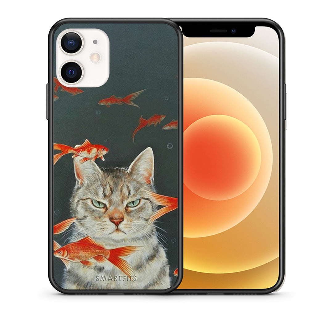 Θήκη iPhone 12 Mini Cat Goldfish από τη Smartfits με σχέδιο στο πίσω μέρος και μαύρο περίβλημα | iPhone 12 Mini Cat Goldfish case with colorful back and black bezels