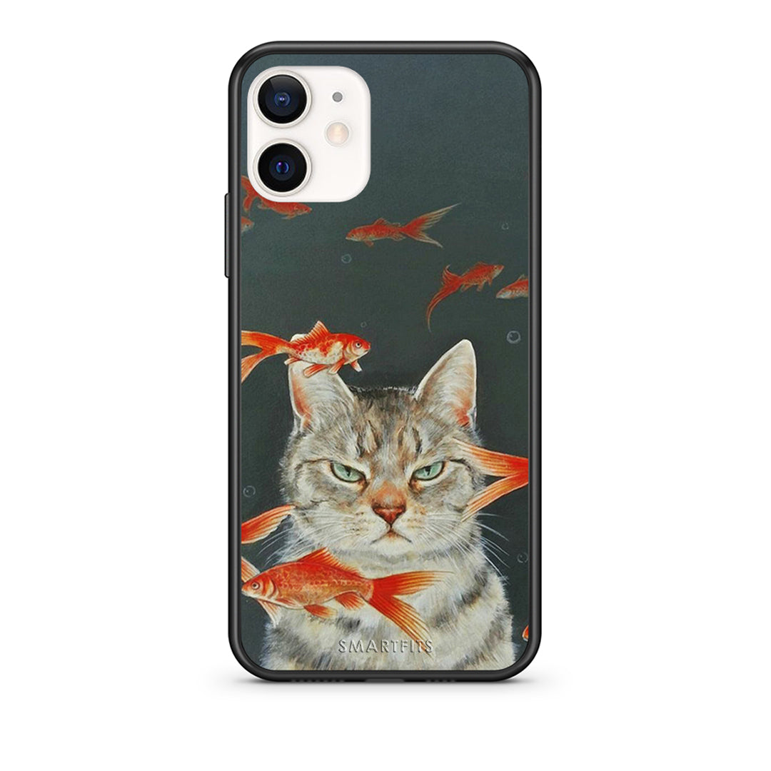 Θήκη iPhone 12 Mini Cat Goldfish από τη Smartfits με σχέδιο στο πίσω μέρος και μαύρο περίβλημα | iPhone 12 Mini Cat Goldfish case with colorful back and black bezels