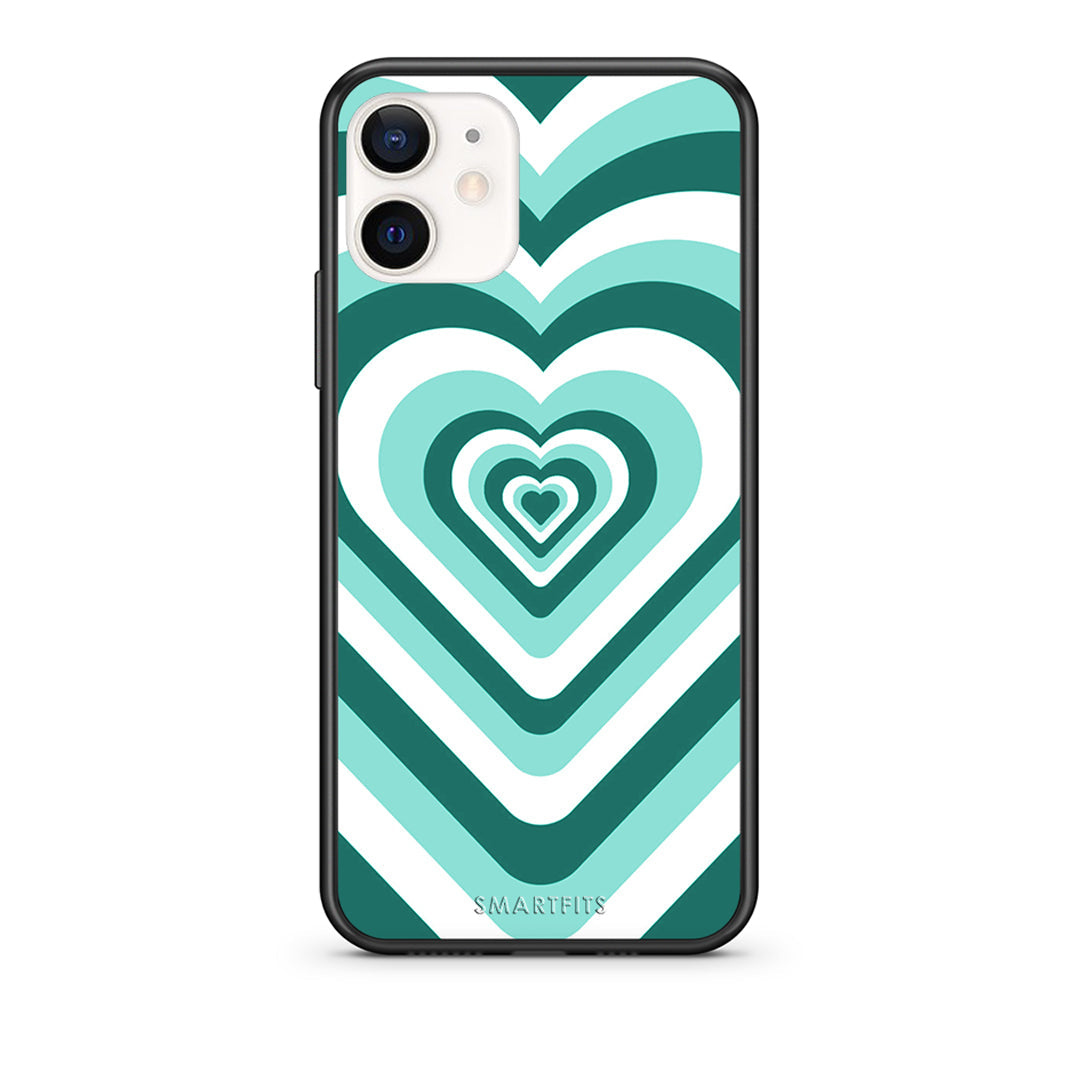 Θήκη iPhone 12 Mini Green Hearts από τη Smartfits με σχέδιο στο πίσω μέρος και μαύρο περίβλημα | iPhone 12 Mini Green Hearts case with colorful back and black bezels