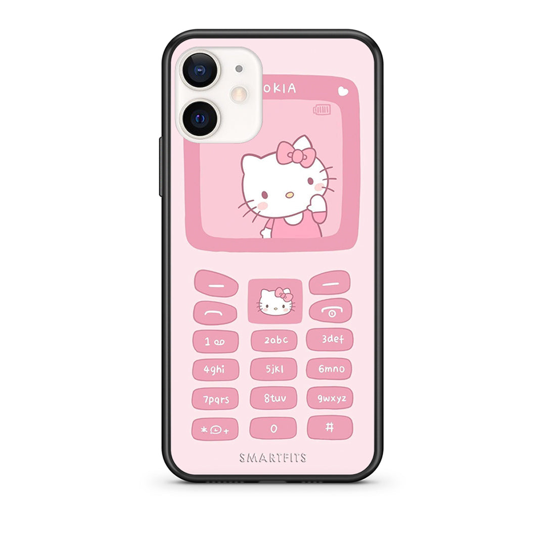 Θήκη Αγίου Βαλεντίνου iPhone 12 Mini Hello Kitten από τη Smartfits με σχέδιο στο πίσω μέρος και μαύρο περίβλημα | iPhone 12 Mini Hello Kitten case with colorful back and black bezels