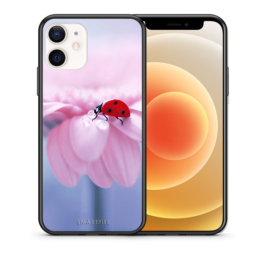 Θήκη iPhone 12 Mini Ladybug Flower από τη Smartfits με σχέδιο στο πίσω μέρος και μαύρο περίβλημα | iPhone 12 Mini Ladybug Flower case with colorful back and black bezels