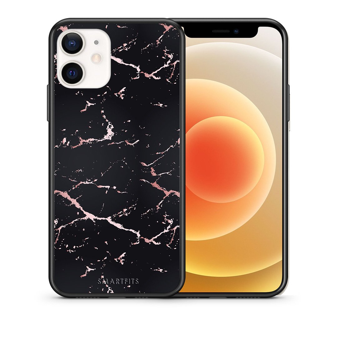 Θήκη iPhone 12 Mini Black Rosegold Marble από τη Smartfits με σχέδιο στο πίσω μέρος και μαύρο περίβλημα | iPhone 12 Mini Black Rosegold Marble case with colorful back and black bezels