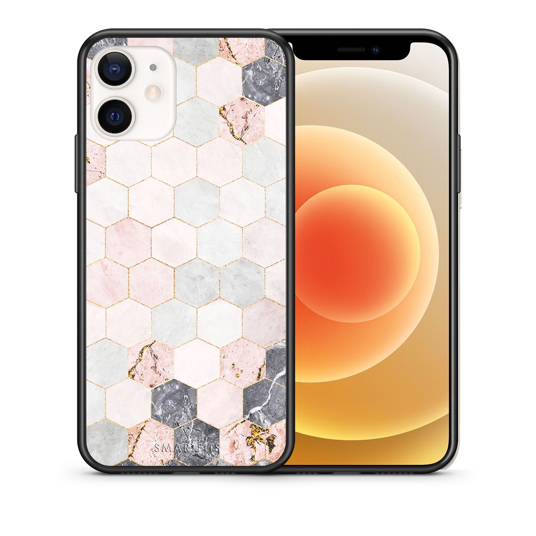 Θήκη iPhone 12 Mini Hexagon Pink Marble από τη Smartfits με σχέδιο στο πίσω μέρος και μαύρο περίβλημα | iPhone 12 Mini Hexagon Pink Marble case with colorful back and black bezels