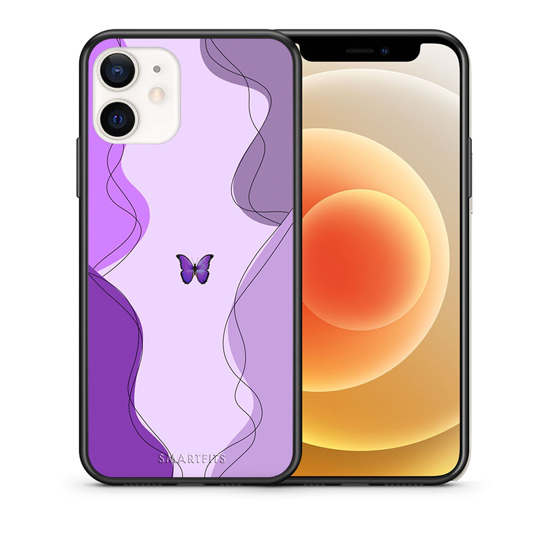 Θήκη Αγίου Βαλεντίνου iPhone 12 Mini Purple Mariposa από τη Smartfits με σχέδιο στο πίσω μέρος και μαύρο περίβλημα | iPhone 12 Mini Purple Mariposa case with colorful back and black bezels