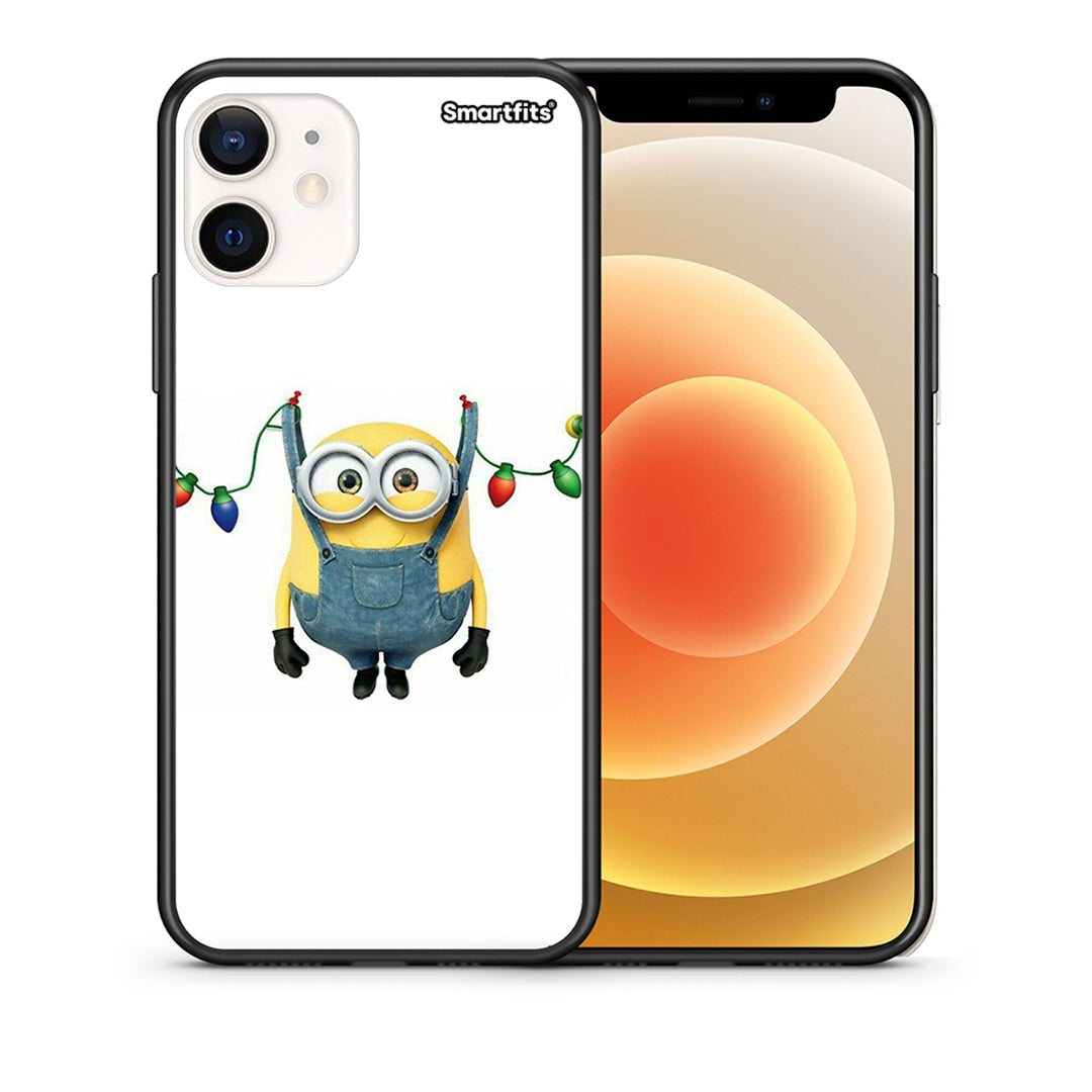 Θήκη iPhone 12 Mini Xmas Minion Lights από τη Smartfits με σχέδιο στο πίσω μέρος και μαύρο περίβλημα | iPhone 12 Mini Xmas Minion Lights case with colorful back and black bezels