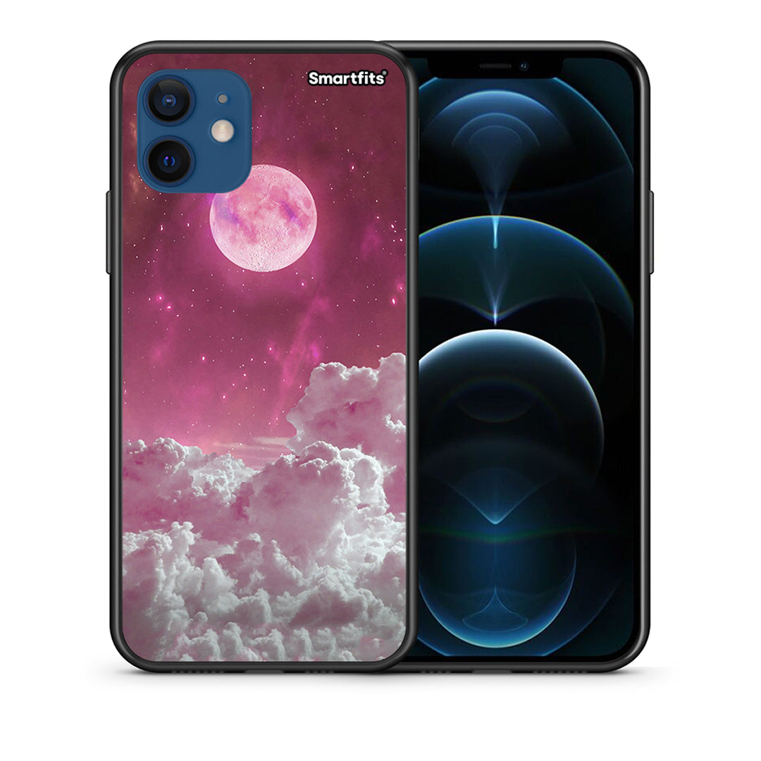 Θήκη iPhone 12 Pink Moon από τη Smartfits με σχέδιο στο πίσω μέρος και μαύρο περίβλημα | iPhone 12 Pink Moon case with colorful back and black bezels