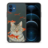 Thumbnail for Θήκη iPhone 12 Cat Goldfish από τη Smartfits με σχέδιο στο πίσω μέρος και μαύρο περίβλημα | iPhone 12 Cat Goldfish case with colorful back and black bezels