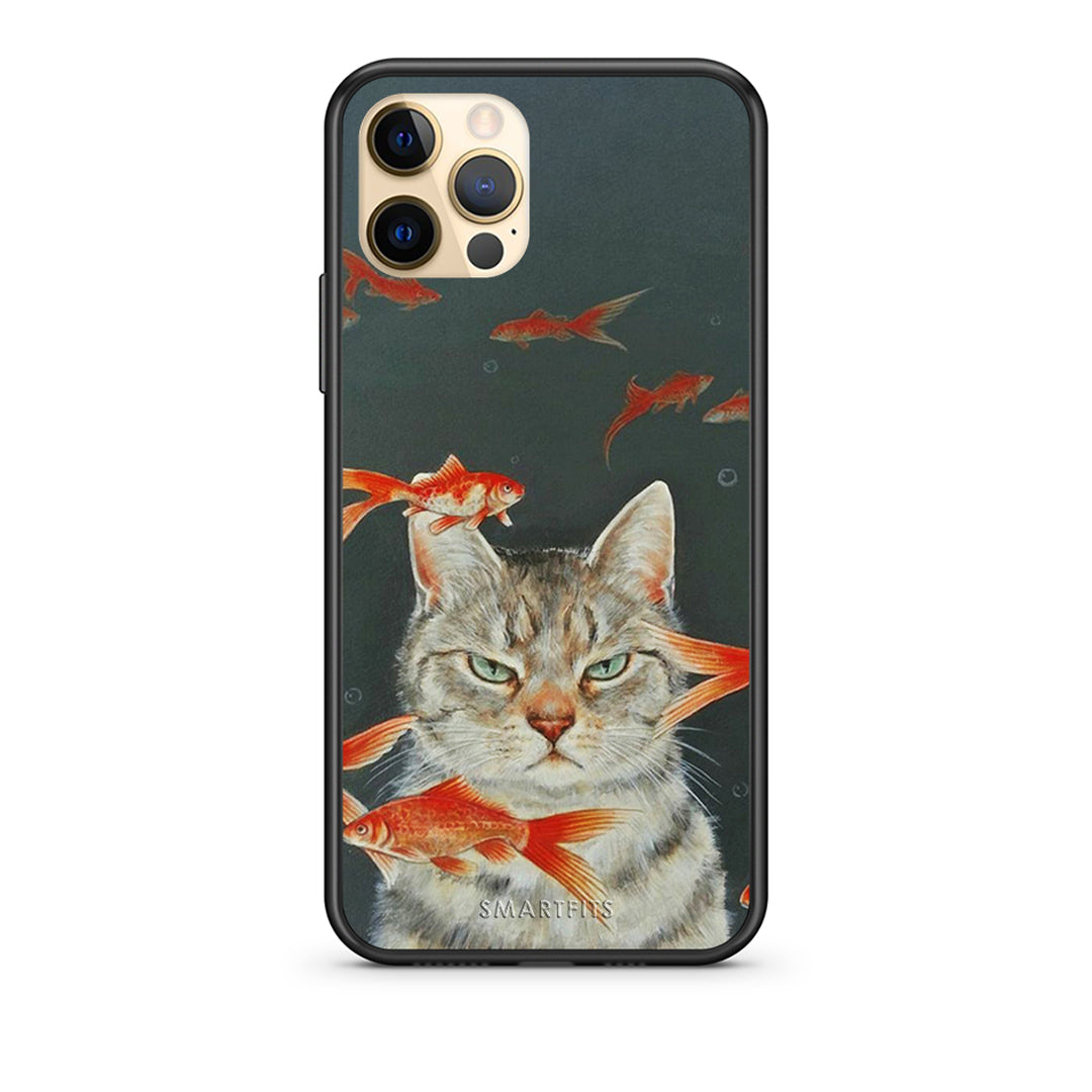 Θήκη iPhone 12 Cat Goldfish από τη Smartfits με σχέδιο στο πίσω μέρος και μαύρο περίβλημα | iPhone 12 Cat Goldfish case with colorful back and black bezels