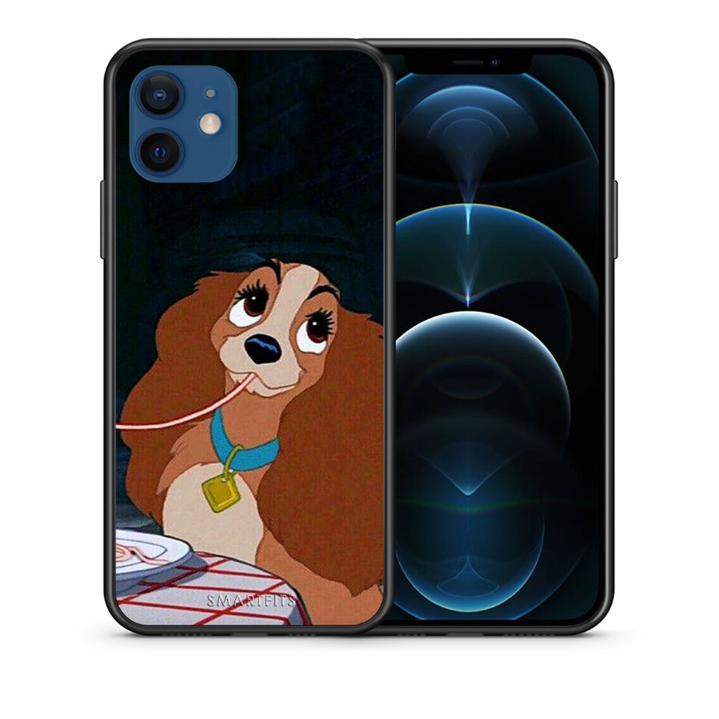 Θήκη Αγίου Βαλεντίνου iPhone 12 Pro Lady And Tramp 2 από τη Smartfits με σχέδιο στο πίσω μέρος και μαύρο περίβλημα | iPhone 12 Pro Lady And Tramp 2 case with colorful back and black bezels