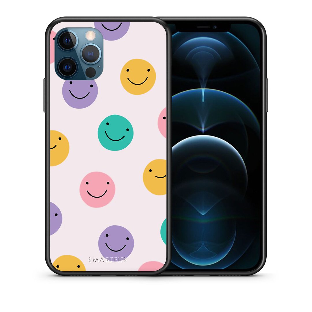 Θήκη iPhone 12 Pro Max Smiley Faces από τη Smartfits με σχέδιο στο πίσω μέρος και μαύρο περίβλημα | iPhone 12 Pro Max Smiley Faces case with colorful back and black bezels