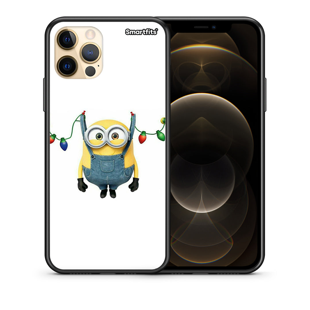 Θήκη iPhone 12 Xmas Minion Lights από τη Smartfits με σχέδιο στο πίσω μέρος και μαύρο περίβλημα | iPhone 12 Xmas Minion Lights case with colorful back and black bezels