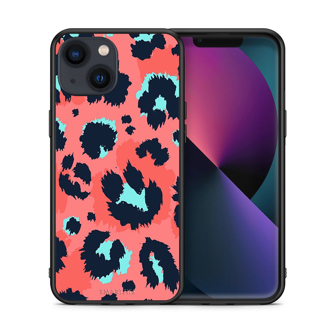 Θήκη iPhone 13 Pink Leopard Animal από τη Smartfits με σχέδιο στο πίσω μέρος και μαύρο περίβλημα | iPhone 13 Pink Leopard Animal case with colorful back and black bezels