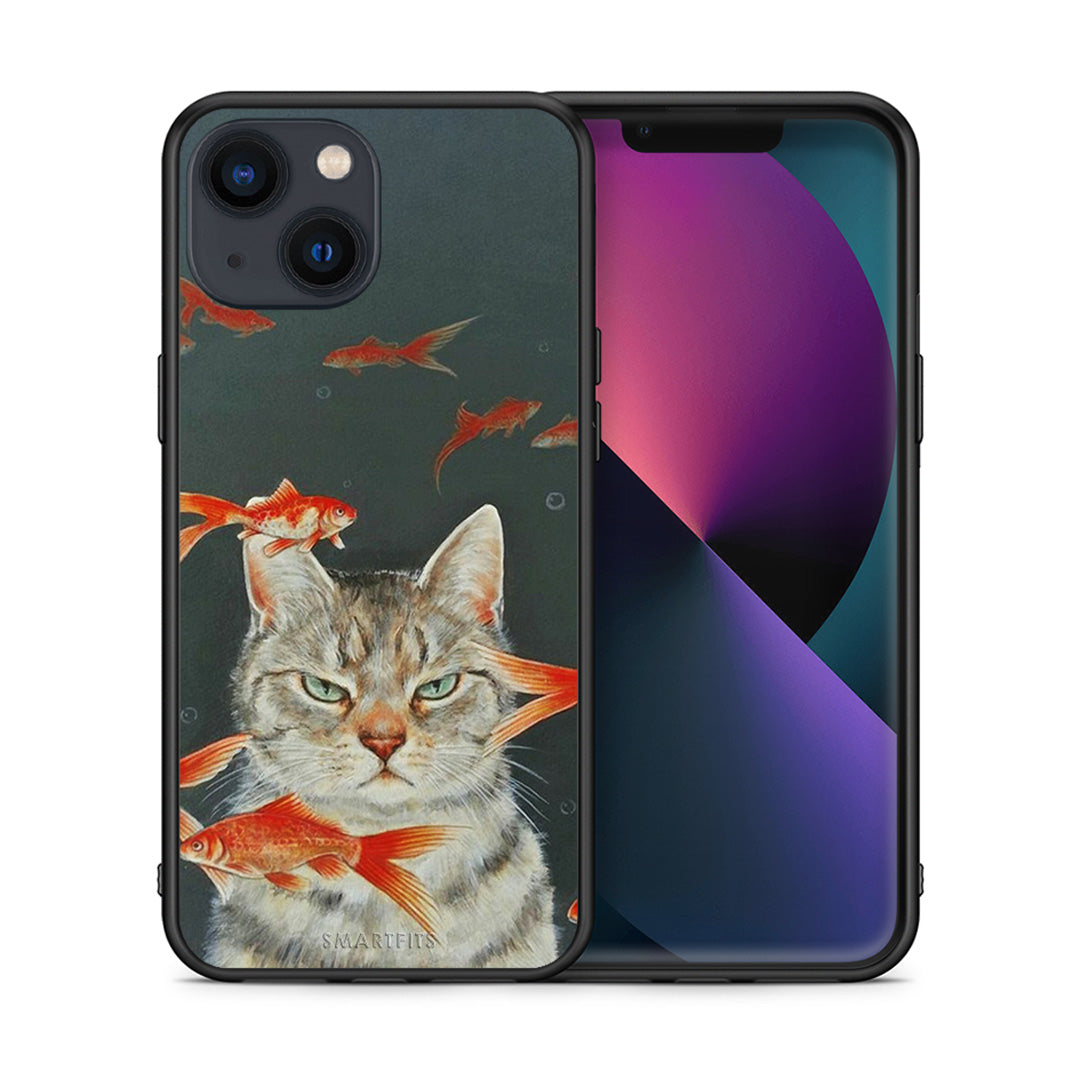 Θήκη iPhone 13 Mini Cat Goldfish από τη Smartfits με σχέδιο στο πίσω μέρος και μαύρο περίβλημα | iPhone 13 Mini Cat Goldfish case with colorful back and black bezels