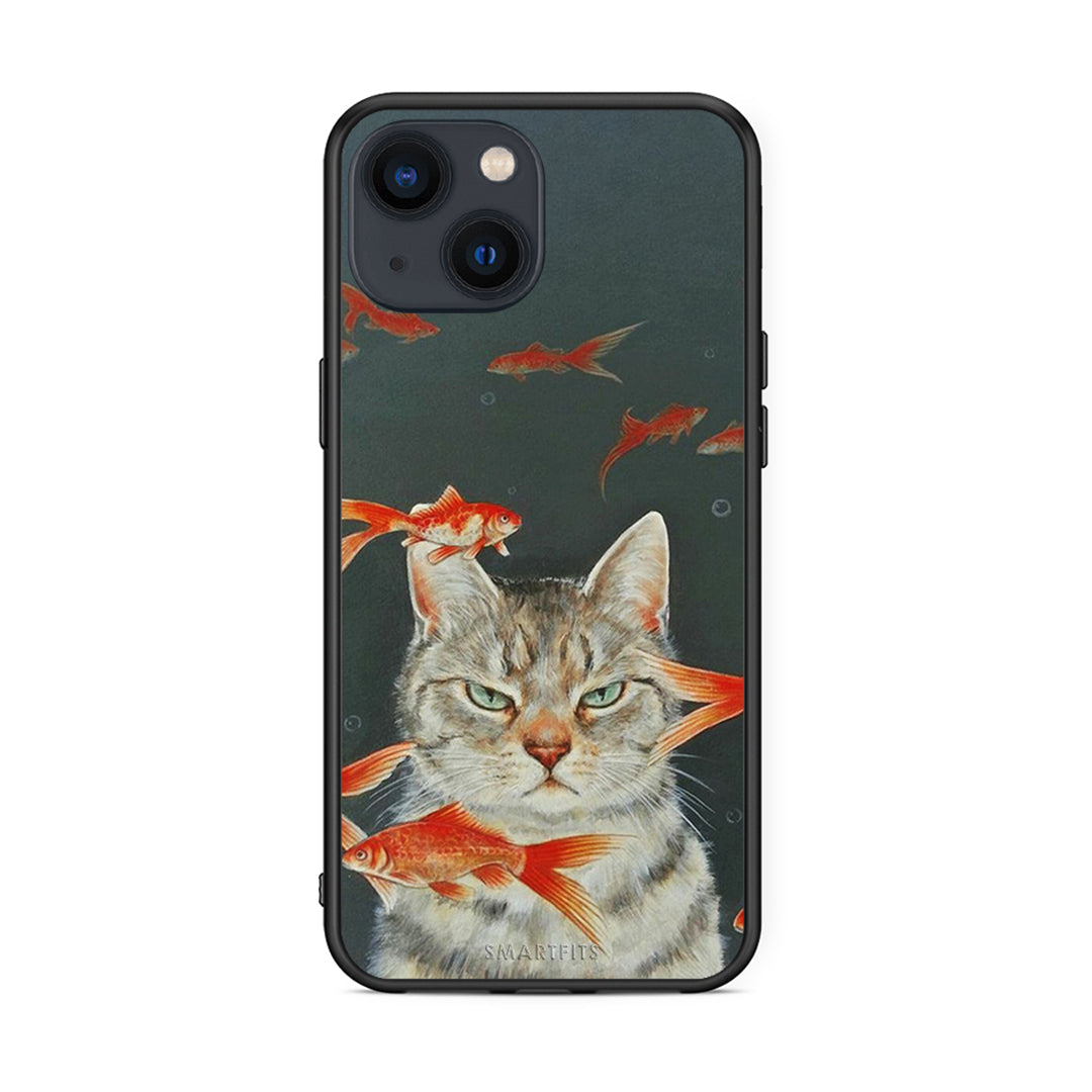 iPhone 13 Cat Goldfish θήκη από τη Smartfits με σχέδιο στο πίσω μέρος και μαύρο περίβλημα | Smartphone case with colorful back and black bezels by Smartfits