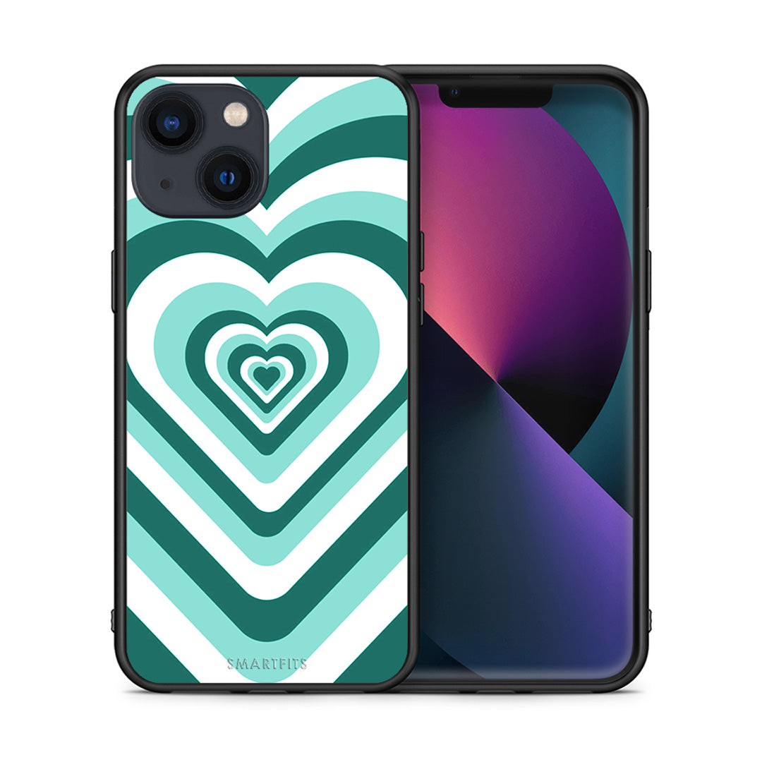 Θήκη iPhone 13 Mini Green Hearts από τη Smartfits με σχέδιο στο πίσω μέρος και μαύρο περίβλημα | iPhone 13 Mini Green Hearts case with colorful back and black bezels