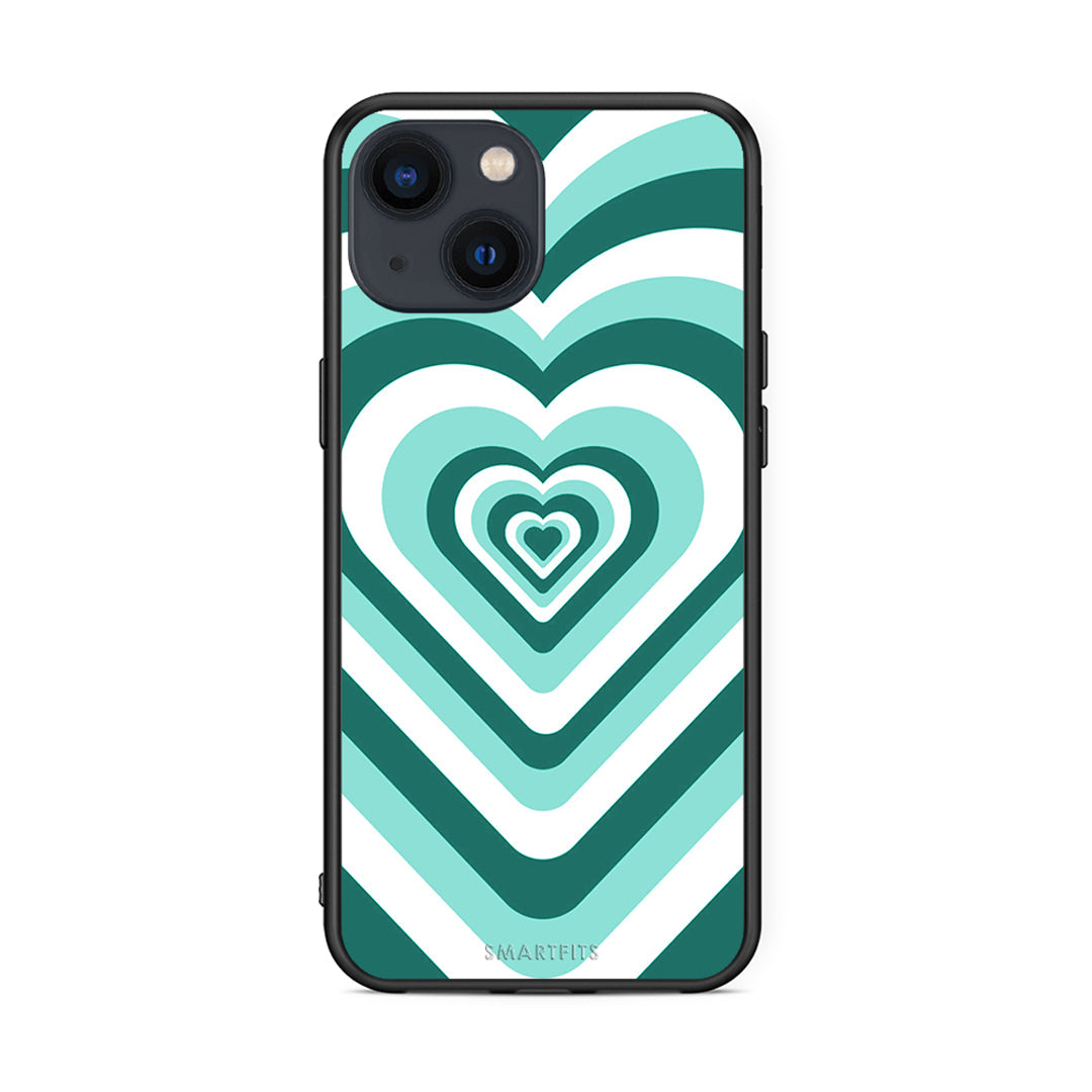 iPhone 13 Mini Green Hearts θήκη από τη Smartfits με σχέδιο στο πίσω μέρος και μαύρο περίβλημα | Smartphone case with colorful back and black bezels by Smartfits