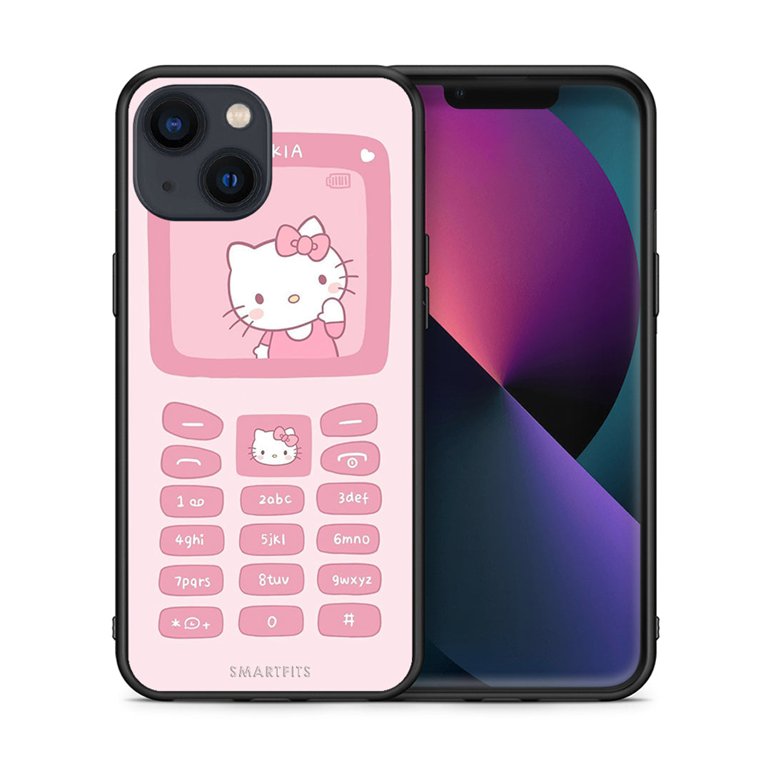 Θήκη Αγίου Βαλεντίνου iPhone 13 Mini Hello Kitten από τη Smartfits με σχέδιο στο πίσω μέρος και μαύρο περίβλημα | iPhone 13 Mini Hello Kitten case with colorful back and black bezels