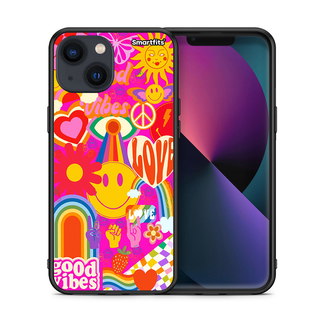 Θήκη iPhone 13 Mini Hippie Love από τη Smartfits με σχέδιο στο πίσω μέρος και μαύρο περίβλημα | iPhone 13 Mini Hippie Love case with colorful back and black bezels