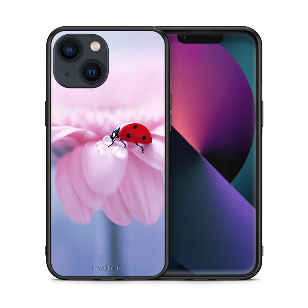 Θήκη iPhone 13 Mini Ladybug Flower από τη Smartfits με σχέδιο στο πίσω μέρος και μαύρο περίβλημα | iPhone 13 Mini Ladybug Flower case with colorful back and black bezels