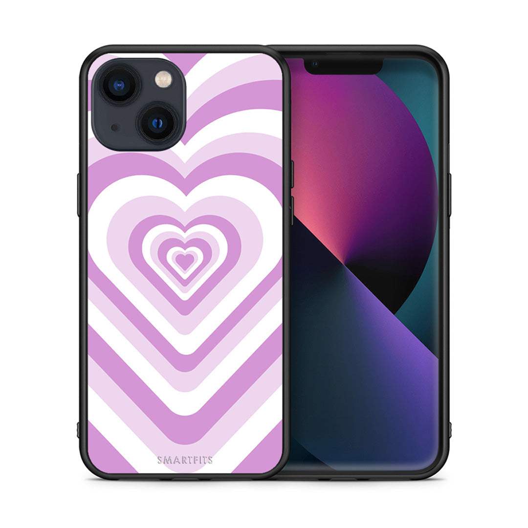 Θήκη iPhone 13 Mini Lilac Hearts από τη Smartfits με σχέδιο στο πίσω μέρος και μαύρο περίβλημα | iPhone 13 Mini Lilac Hearts case with colorful back and black bezels