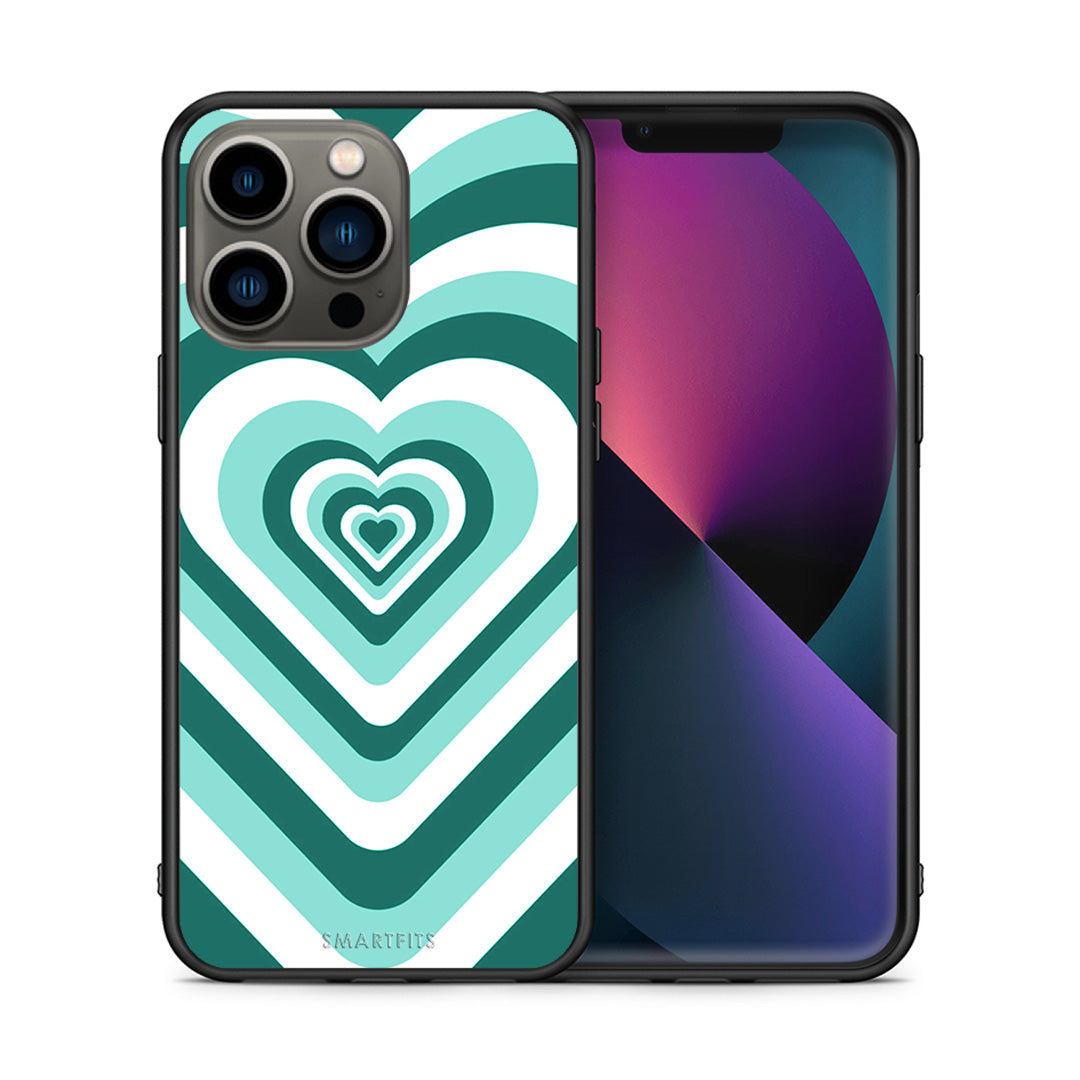 Θήκη iPhone 13 Pro Green Hearts από τη Smartfits με σχέδιο στο πίσω μέρος και μαύρο περίβλημα | iPhone 13 Pro Green Hearts case with colorful back and black bezels