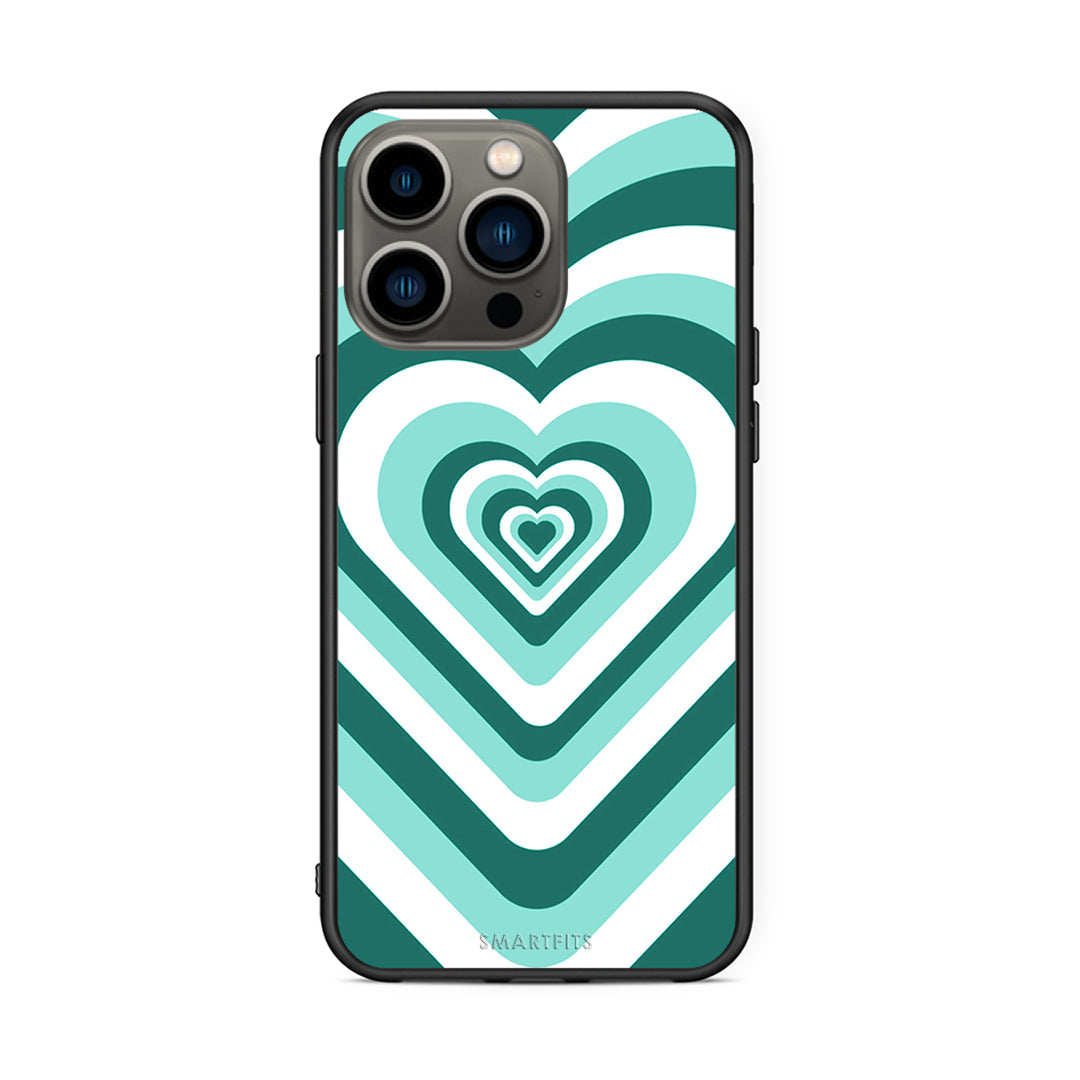 iPhone 13 Pro Green Hearts θήκη από τη Smartfits με σχέδιο στο πίσω μέρος και μαύρο περίβλημα | Smartphone case with colorful back and black bezels by Smartfits