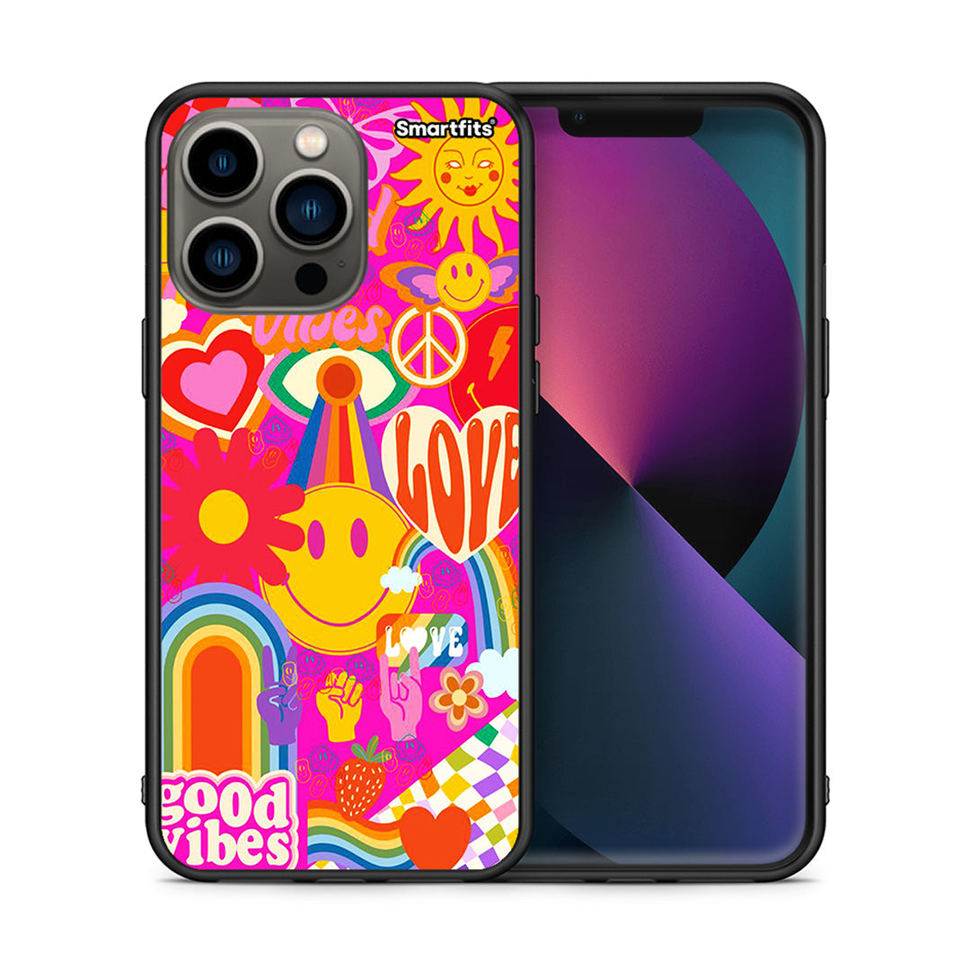 Θήκη iPhone 13 Pro Hippie Love από τη Smartfits με σχέδιο στο πίσω μέρος και μαύρο περίβλημα | iPhone 13 Pro Hippie Love case with colorful back and black bezels
