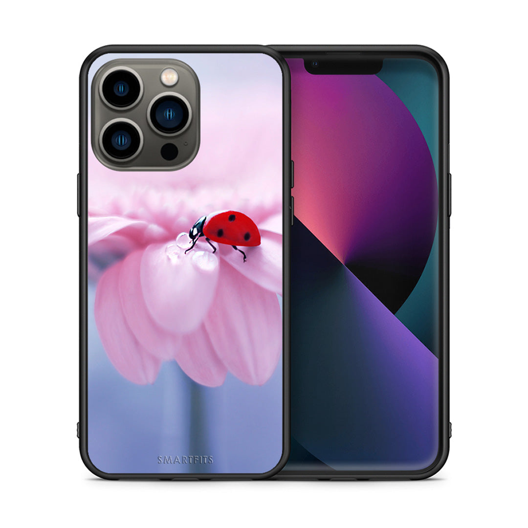 Θήκη iPhone 13 Pro Ladybug Flower από τη Smartfits με σχέδιο στο πίσω μέρος και μαύρο περίβλημα | iPhone 13 Pro Ladybug Flower case with colorful back and black bezels