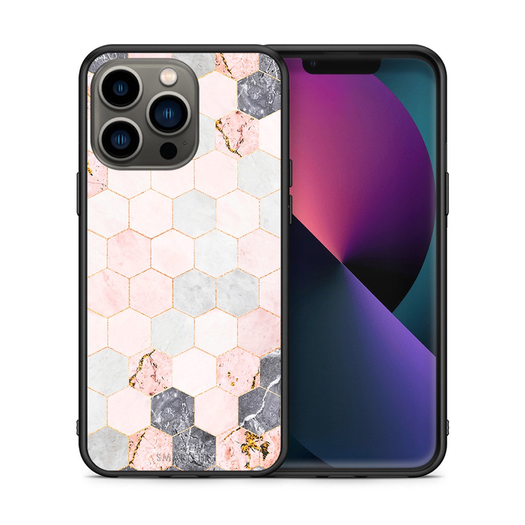 Θήκη iPhone 13 Pro Hexagon Pink Marble από τη Smartfits με σχέδιο στο πίσω μέρος και μαύρο περίβλημα | iPhone 13 Pro Hexagon Pink Marble case with colorful back and black bezels