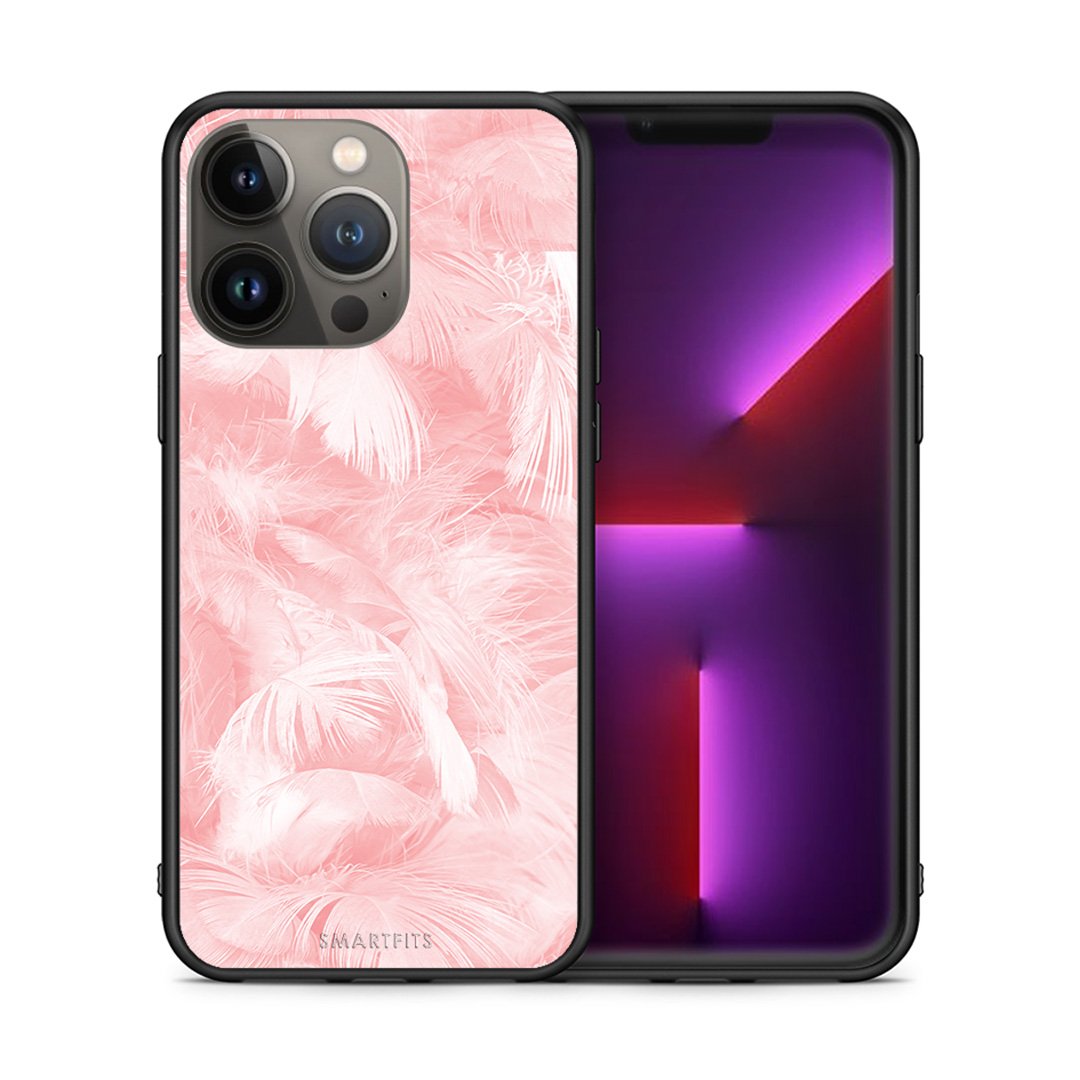 Θήκη iPhone 13 Pro Max Pink Feather Boho από τη Smartfits με σχέδιο στο πίσω μέρος και μαύρο περίβλημα | iPhone 13 Pro Max Pink Feather Boho case with colorful back and black bezels