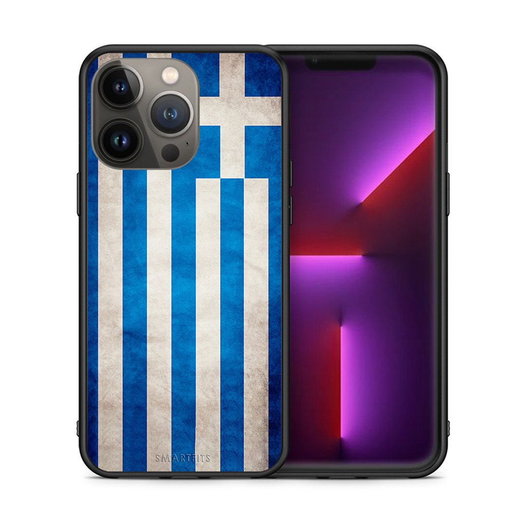 Θήκη iPhone 13 Pro Max Greek Flag από τη Smartfits με σχέδιο στο πίσω μέρος και μαύρο περίβλημα | iPhone 13 Pro Max Greek Flag case with colorful back and black bezels