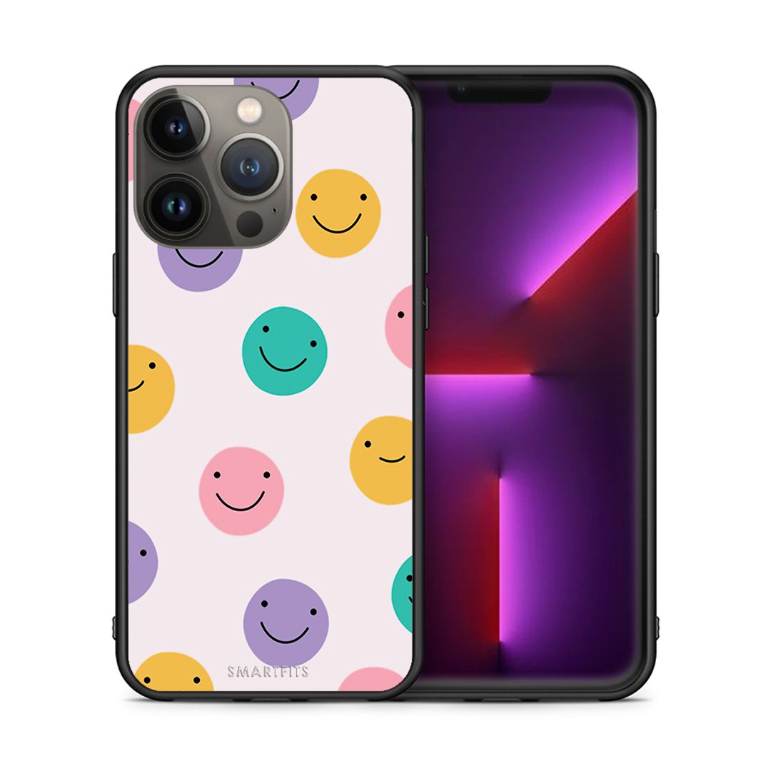 Θήκη iPhone 13 Pro Max Smiley Faces από τη Smartfits με σχέδιο στο πίσω μέρος και μαύρο περίβλημα | iPhone 13 Pro Max Smiley Faces case with colorful back and black bezels